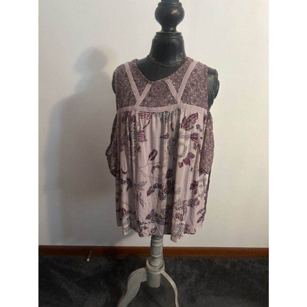 Knox Rose Purple & Pink Sheer Floral cold shoulder blouse, size XXL